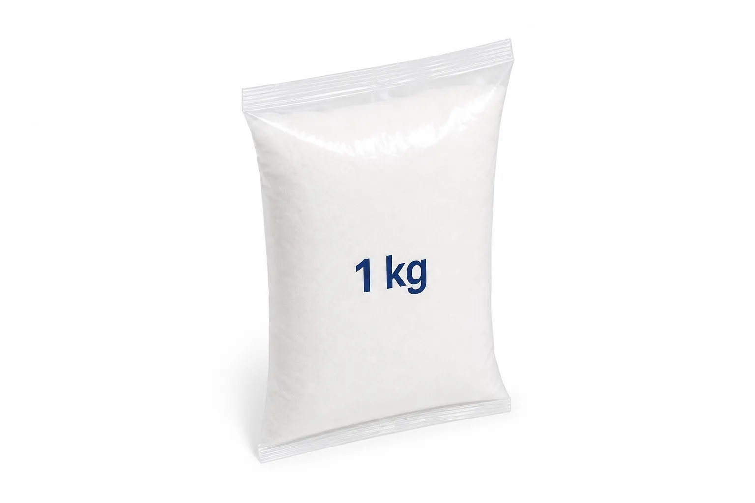 Plain plastic salt pouch marked 1 kg on a white background