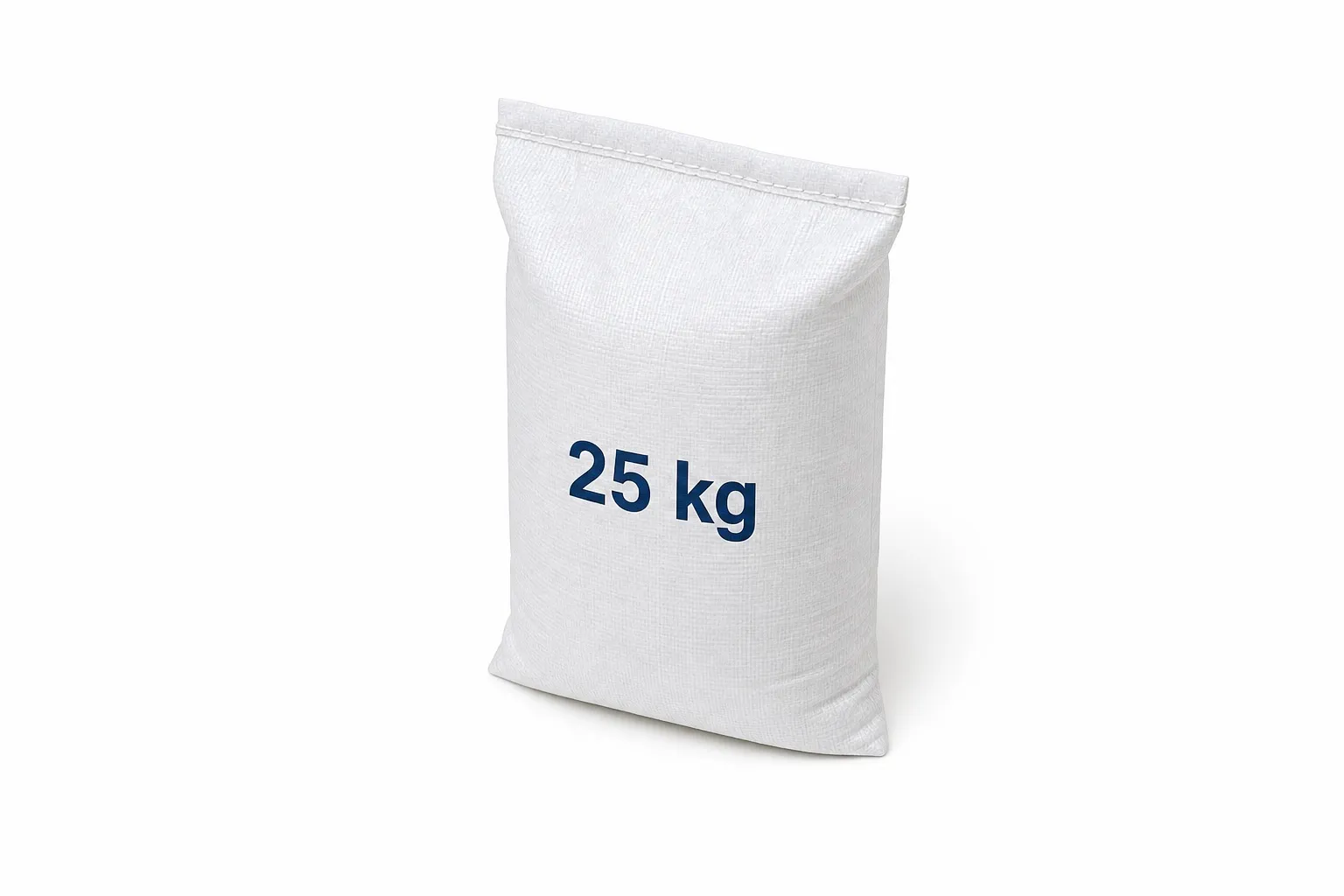 Closed white salt bag marked 25 kg on a plain white background