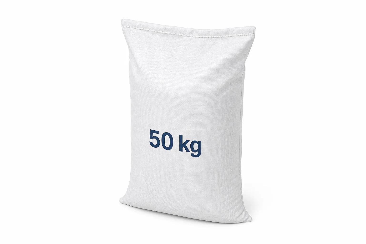 Closed white salt bag marked 50 kg on a plain white background